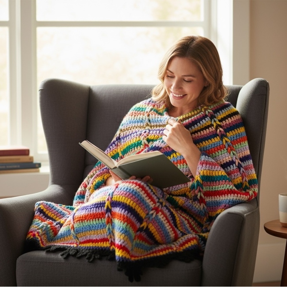 Handmade Crochet Afghan 63x88 Multicolor Striped Blanket Large Cozy Throw